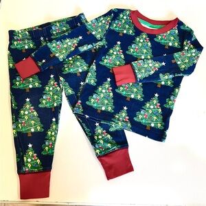 Mini Boden Blue and Red Christmas Tree Pajama Set Sz 18-24M